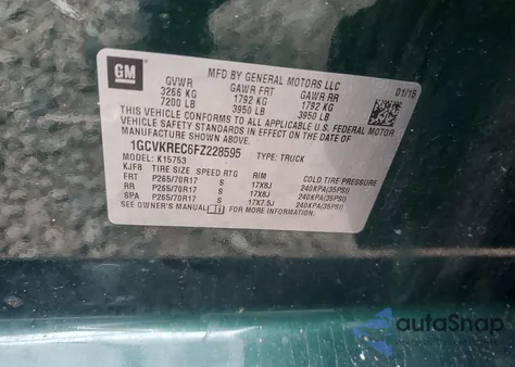 2015 Chevrolet Silverado K1500 Lt z USA, uszkodzony, nr VIN 1GCVKREC6FZ228595